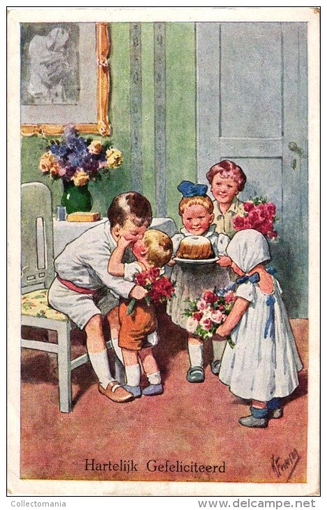 6 Postcards Karl Feiertag Artist Signed &Numbered Girl Picking Apples Easter Chickens Birthday Wishes - Feiertag, Karl