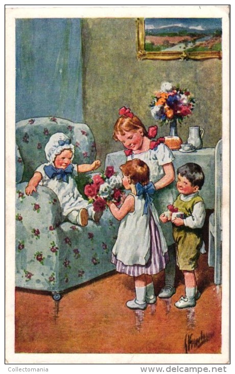 6 Postcards Karl Feiertag Artist Signed &Numbered Girl Picking Apples Easter Chickens Birthday Wishes - Feiertag, Karl