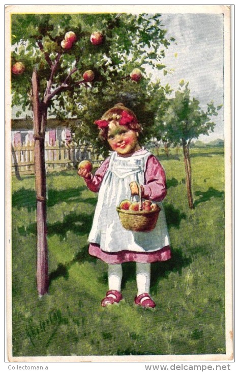 6 Postcards Karl Feiertag Artist Signed &Numbered Girl Picking Apples Easter Chickens Birthday Wishes - Feiertag, Karl