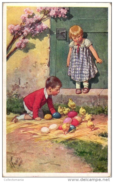 6 Postcards Karl Feiertag Artist Signed &Numbered Girl picking apples Easter Chickens Birthday Wishes