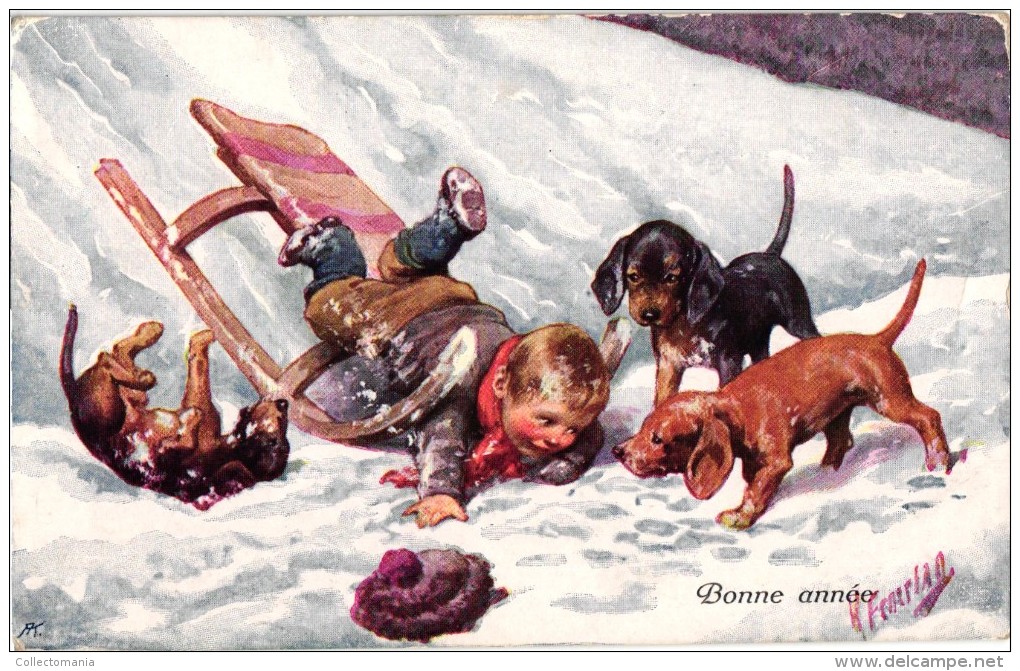 7 Postcards Karl Feiertag Artist Signed &Numbered Dog Teckel Dachshund Sledge Snowman Pig Mandolin - Feiertag, Karl