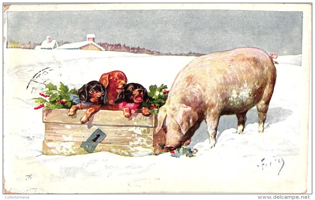 7 Postcards Karl Feiertag Artist Signed &Numbered Dog Teckel Dachshund Sledge Snowman Pig Mandolin - Feiertag, Karl