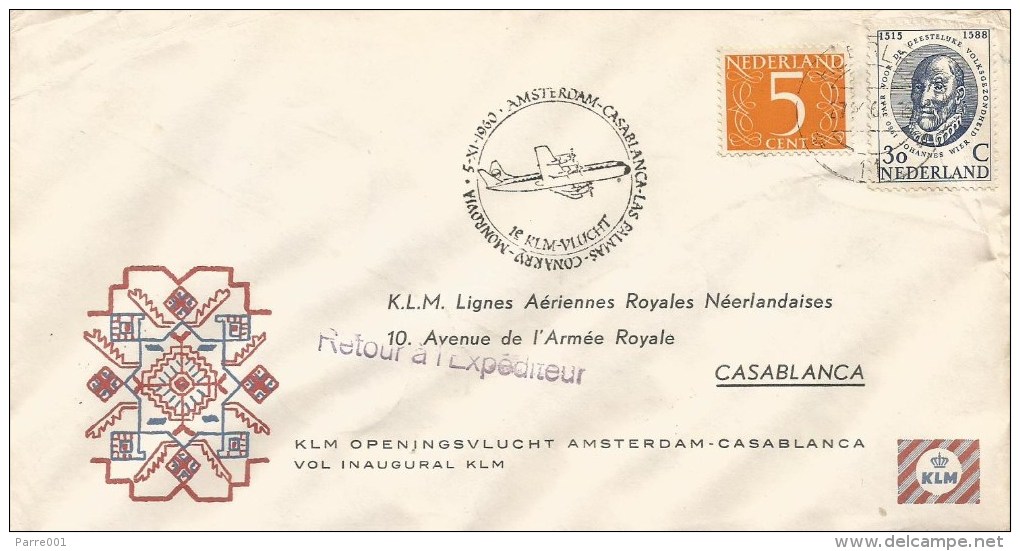 Netherlands Maroc Morocco 1960 Amsterdam Casablanca KLM FFC First Flight Cover - Marokko (1956-...)