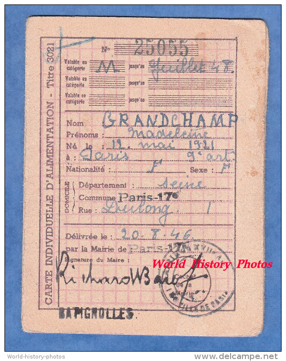 Carte Ancienne D´alimentation - PARIS 17e Rue Dulong - 1946 - Mme Madeleine GRANDCHAMP - Cachet Batignolles - Historical Documents