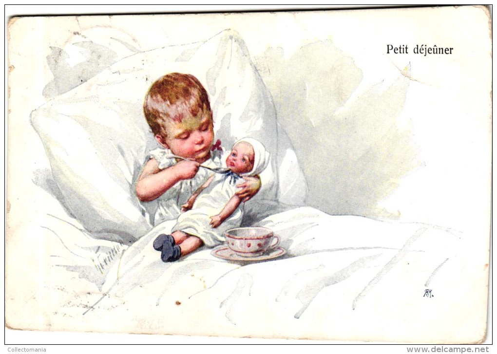 6 Postcards Karl Feiertag Artist Signed &Numbered Doll Teddy Bear Child Playing In Bed Goes Puppies Jealous - Feiertag, Karl