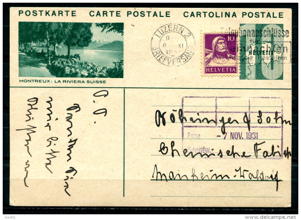 Schweiz 1931 Bildpostkarte Mi.Nr.P159,10 Rappen Grün M.Zusatz"Montreux:La Riviera Suisse"Luzern-Mannheim"1 GS Used,bef. - Stamped Stationery