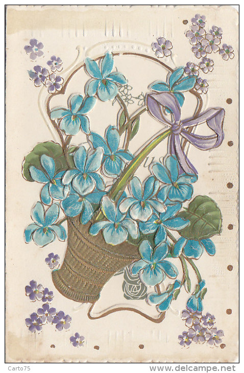 Fantaisies - Fleurs Violettes - Carte 2 Volets Bonne Année - Autres & Non Classés