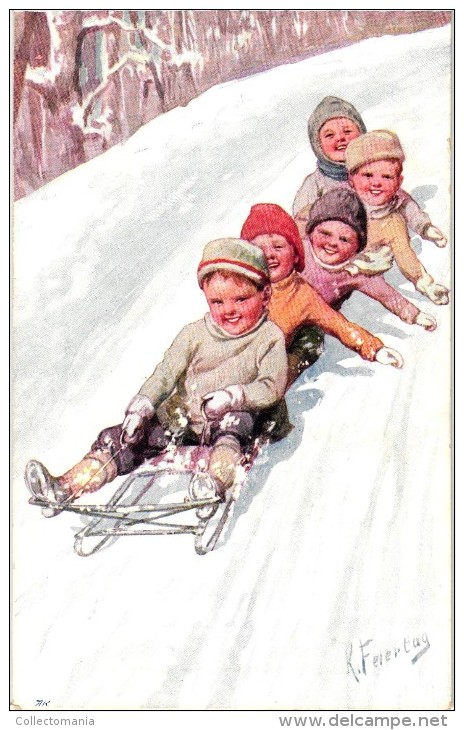 7 Postcards Karl Feiertag Artist Signed &Numbered Skiing Sledge Winterscenes Guitar N°3102-2900-2998-2928-613-1041 - Feiertag, Karl