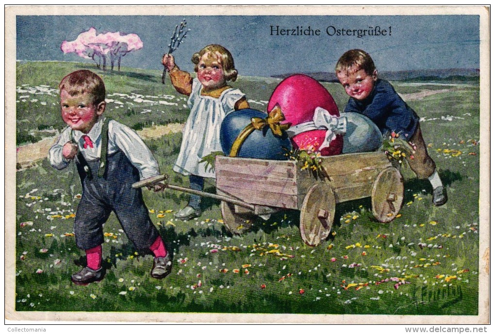 6 Postcards Karl Feiertag Artist Signed &Numbered Spring Easter Eggs Pear Orchard Prunes N°4692-195-4679 - Feiertag, Karl