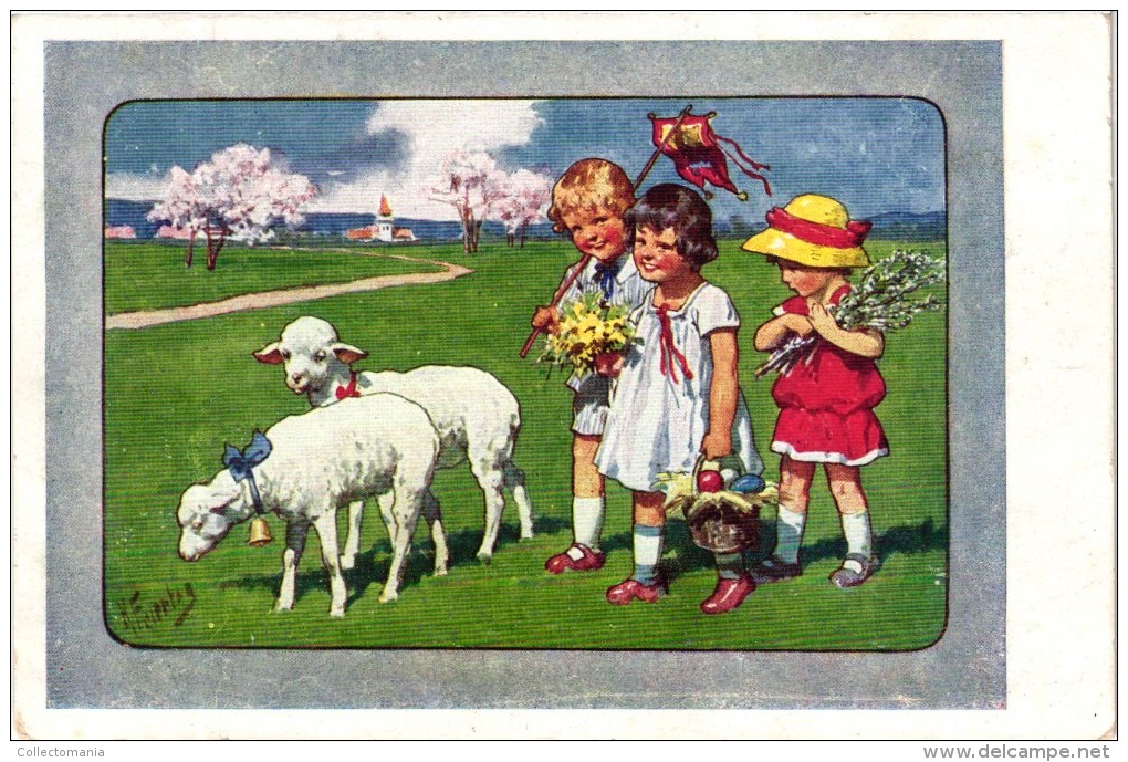 6 Postcards Karl Feiertag Artist Signed &Numbered Spring Easter Eggs Pear Orchard Prunes N°4692-195-4679 - Feiertag, Karl