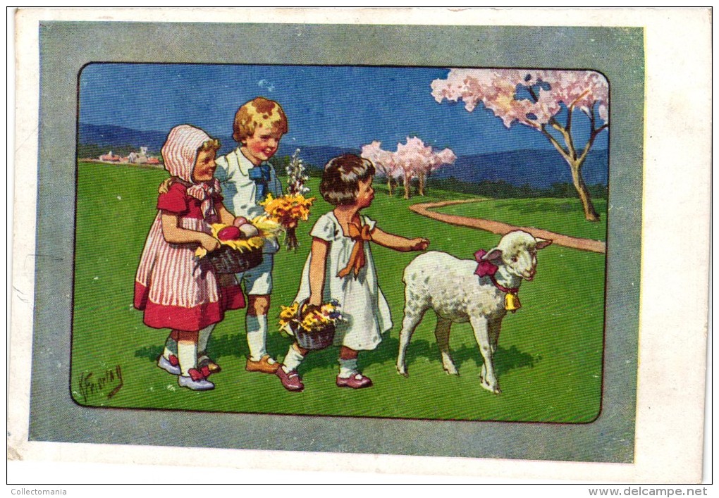 6 Postcards Karl Feiertag Artist Signed &Numbered Spring Easter Eggs Pear Orchard Prunes n°4692-195-4679