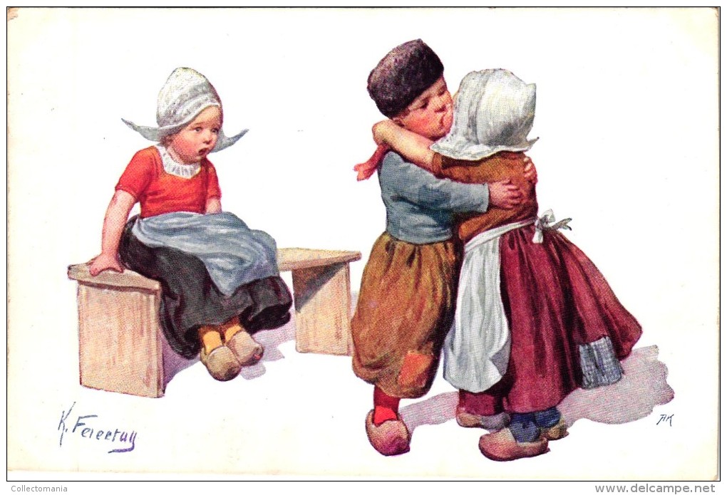 6 Postcards Karl Feiertag Artist Signed & Numbered reading Picture Book Dutch Children Big Sister Little Singers Dog Cha