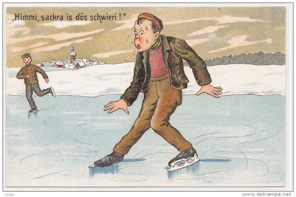 Illustrateur - Homme En Difficulté Sur Une Patinoire - Humour Patin Neige Glace - Himmi Sackra Is Dös Schwieri - Bergsteigen