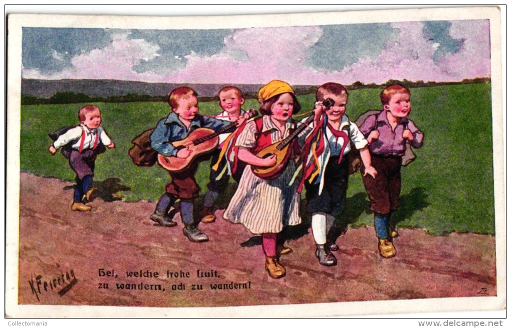 6 Postcards Karl Feiertag Artist Signed & Numbered  Swing On The Beach Musicians N°175 Washing The Dog - Feiertag, Karl