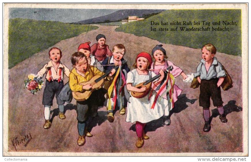 6 Postcards Karl Feiertag Artist Signed & Numbered  Swing On The Beach Musicians N°175 Washing The Dog - Feiertag, Karl