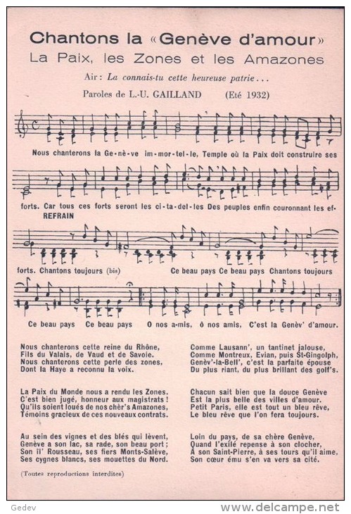 Chantons La Genève D'Amour, Paroles De L.U. Gailland (1932) - Genève