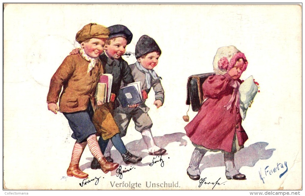 4 Postcards Karl Feiertag Artist Signed & Numbered Bullying Naging Pesting Serie N°941 On The Way To School - Feiertag, Karl