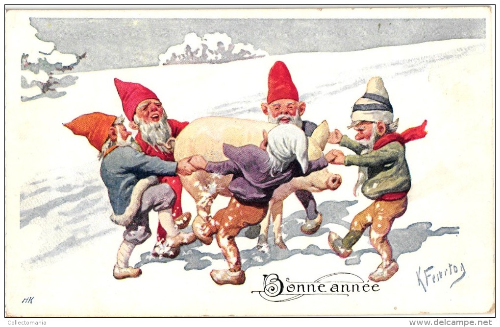 4 Postcards Karl Feiertag Artist Signed & Numbered -Gnomes Dwarfs With Pigs Dancing In The Snow Chimney Sweepers - Feiertag, Karl