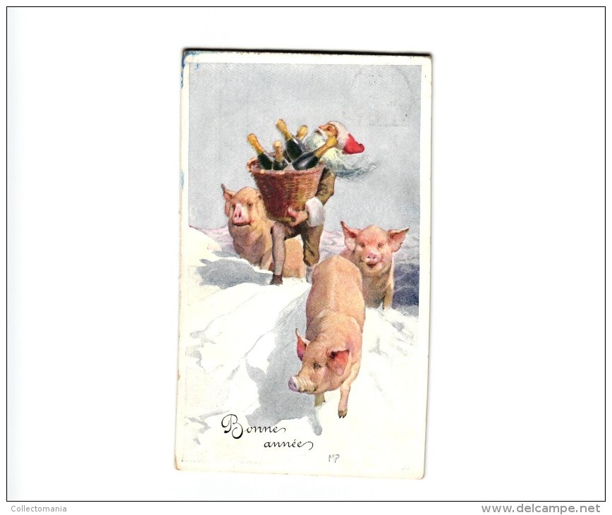 4 Postcards Karl Feiertag Artist Signed & Numbered -Gnomes Dwarfs With Pigs Dancing In The Snow Chimney Sweepers - Feiertag, Karl