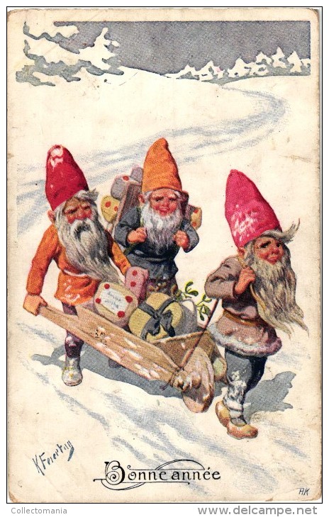 4 Postcards Karl Feiertag Artist Signed & Numbered -Gnomes Dwarfs With Pigs Dancing In The Snow Chimney Sweepers - Feiertag, Karl