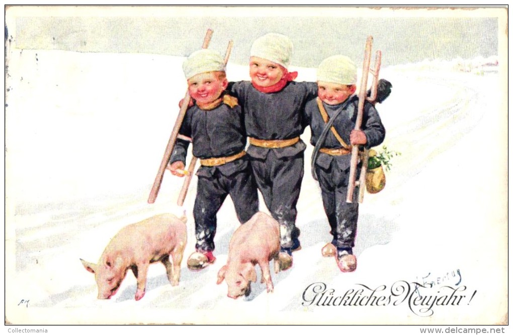 4 Postcards Karl Feiertag Artist Signed & Numbered -Gnomes Dwarfs With Pigs Dancing In The Snow Chimney Sweepers - Feiertag, Karl