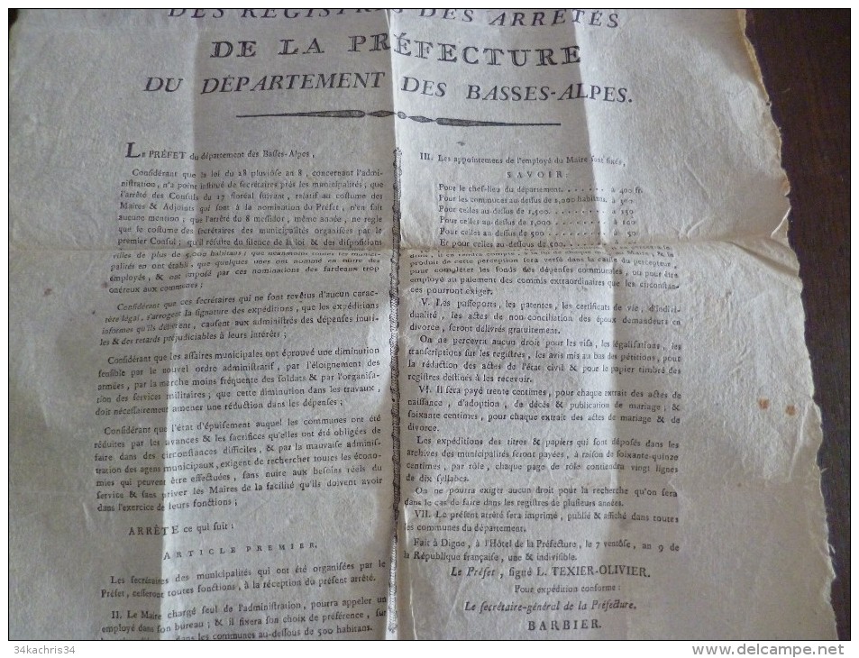 Extrait Des Registres Des Arrétés De La Préfecture Des Basses Alpes 7 Ventôse An 9. Digne Organisation Des Maries.A3 - Wetten & Decreten