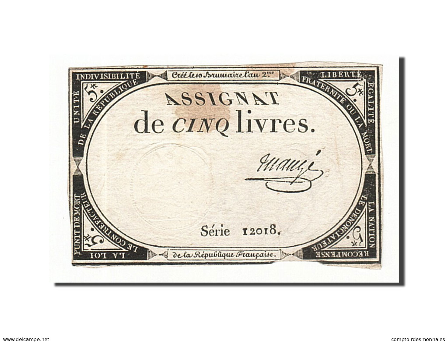 Billet, France, 5 Livres, 1793, 1793-10-31, Maugé, TTB, KM:A76, Lafaurie:171 - Assignats