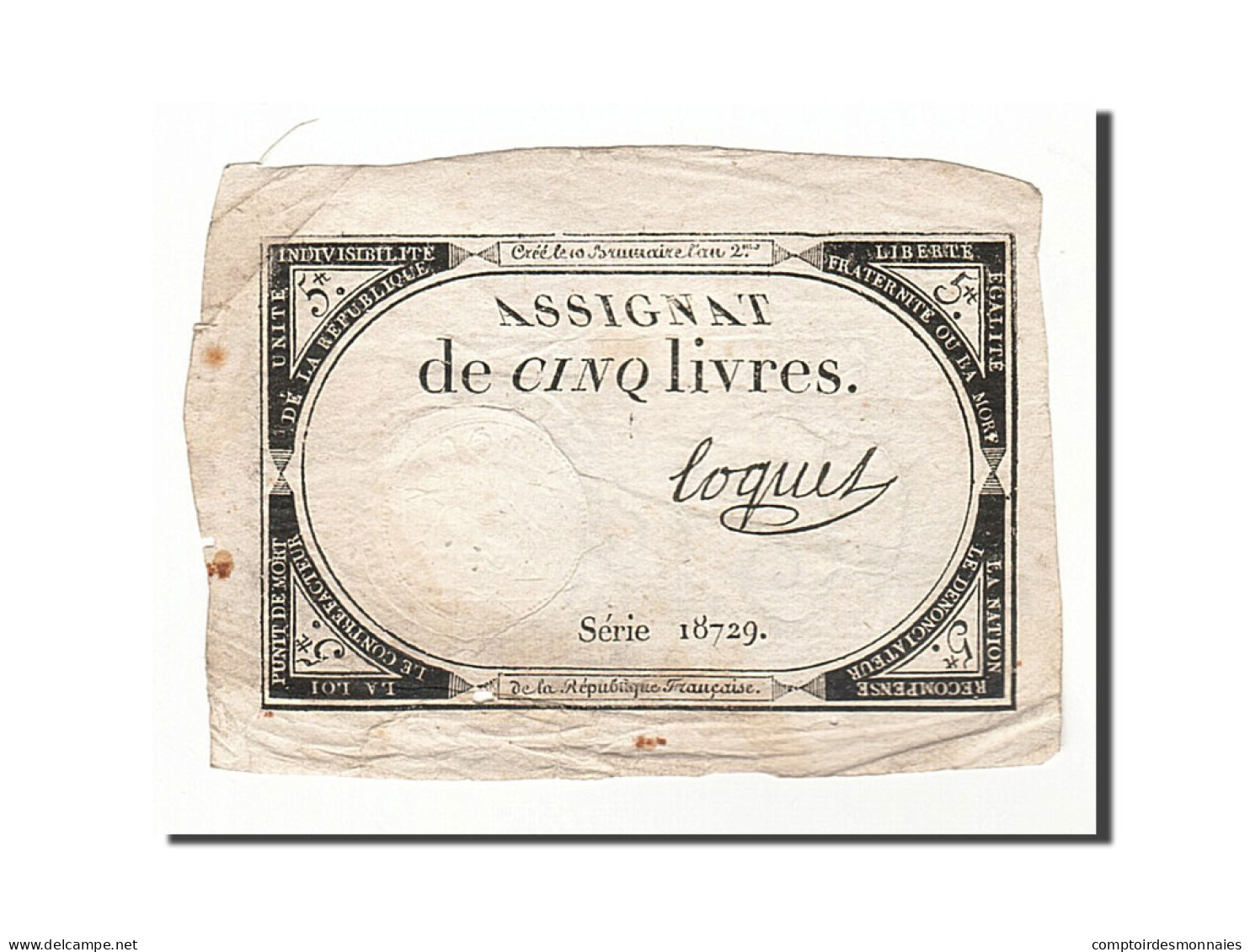 Billet, France, 5 Livres, 1793, 1793-10-31, Loquet, TTB, KM:A76, Lafaurie:171 - Assignate