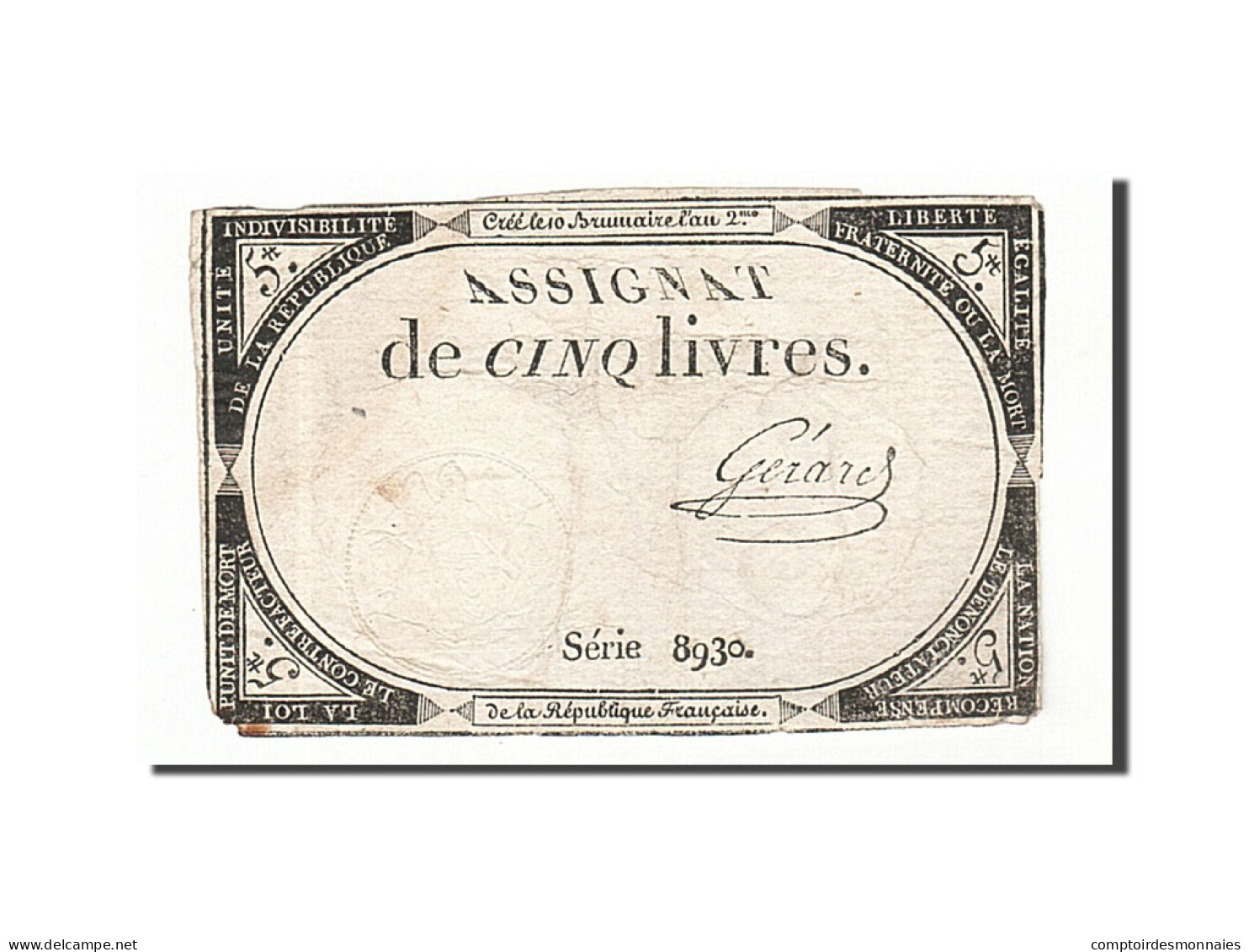 Billet, France, 5 Livres, 1793, 1793-10-31, Gérard, TB, KM:A76, Lafaurie:171 - Assignate