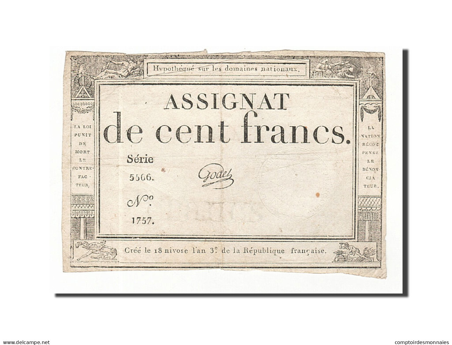 Billet, France, 100 Francs, 1795, 1795-01-07, Godet, TTB, KM:A78, Lafaurie:173 - Assignats