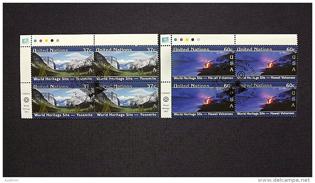 UNO-Wien 397/8 Yv 410/1 Oo/FDC-cancelled Eckrandviererblock ´A´,UNESCO-Welterbe: USA - Used Stamps