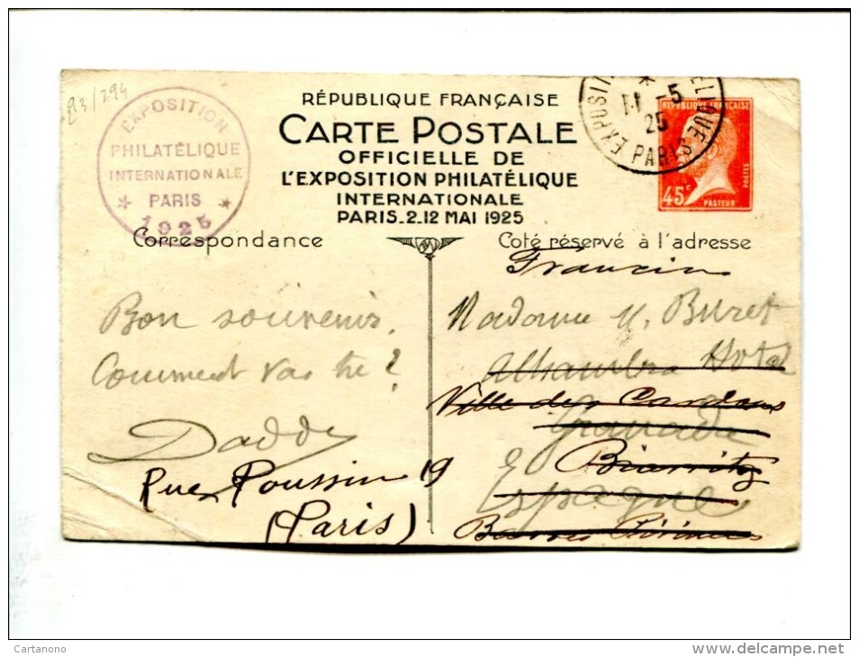 Entier Postal 45c Rouge Type Pasteur - Exposition Philatélique Internationale Paris 2-12 Mai 1925 (pli Sur Coin Inf.) - Postales Tipos Y (antes De 1995)