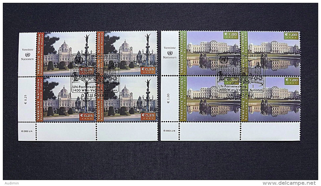 UNO-Wien 387/8 Oo/FDC-cancelled Eckrandviererblock ´C´, UNESCO-Welterbe In Österreich - Used Stamps