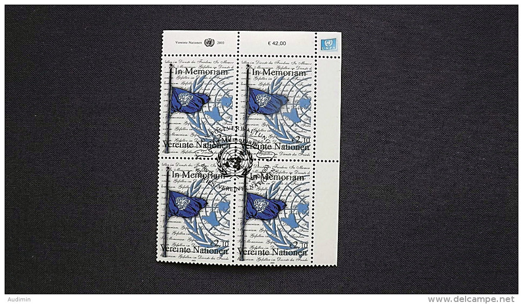 UNO-Wien 405 Yv 418 Oo/FDC-cancelled Eckrandviererblock ´B´, Gedenken Der Im Dienste Des Friedens Gefallenen - Used Stamps