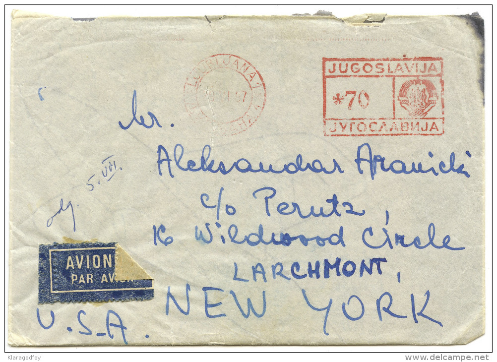 Yugoslavia Meter Stamp On Air Mail Letter Travelled 1957 Ljubljana To New York Bb160115 - Covers & Documents