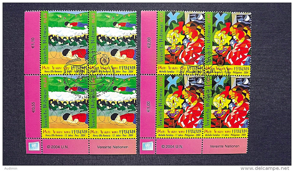 UNO-Wien 428/9 Yv 440/1 Oo/FDC-cancelled Eckrandviererblock ´C´, Weltfriedenstag: Mein Traum Vom Frieden - Used Stamps