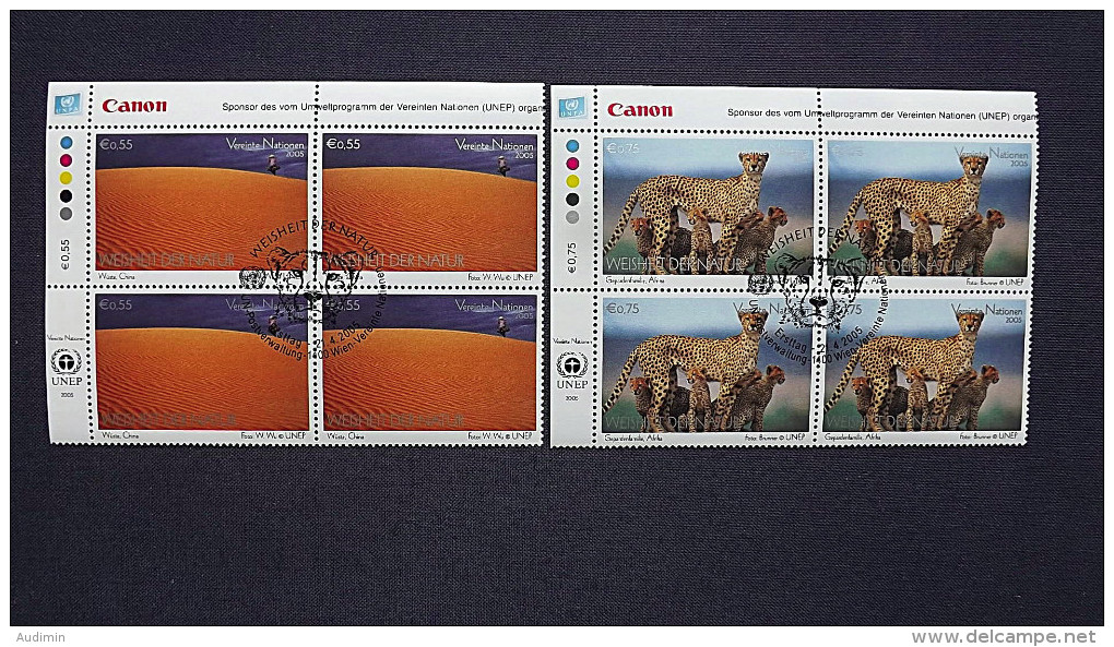 UNO-Wien 439/40 Sc 364/5 Oo/FDC-cancelled Eckrandviererblock ´A´, Wüste, Gepard, Weisheit Der Natur. - Used Stamps
