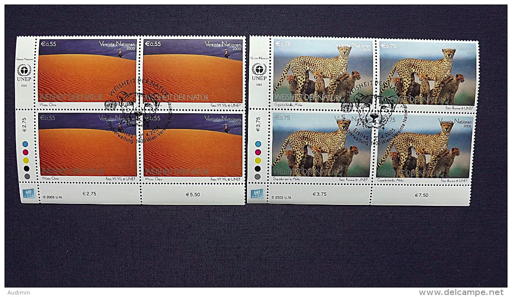 UNO-Wien 439/40 Sc 364/5 Oo/FDC-cancelled Eckrandviererblock ´C´, Wüste, Gepard, Weisheit Der Natur. - Used Stamps