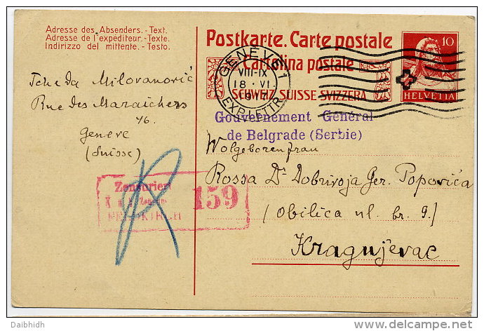 SWITZERLAND 1917 Stationery Card To Kragujevac With K U. K  Zensurstelle 159 Cachet. - Brieven En Documenten