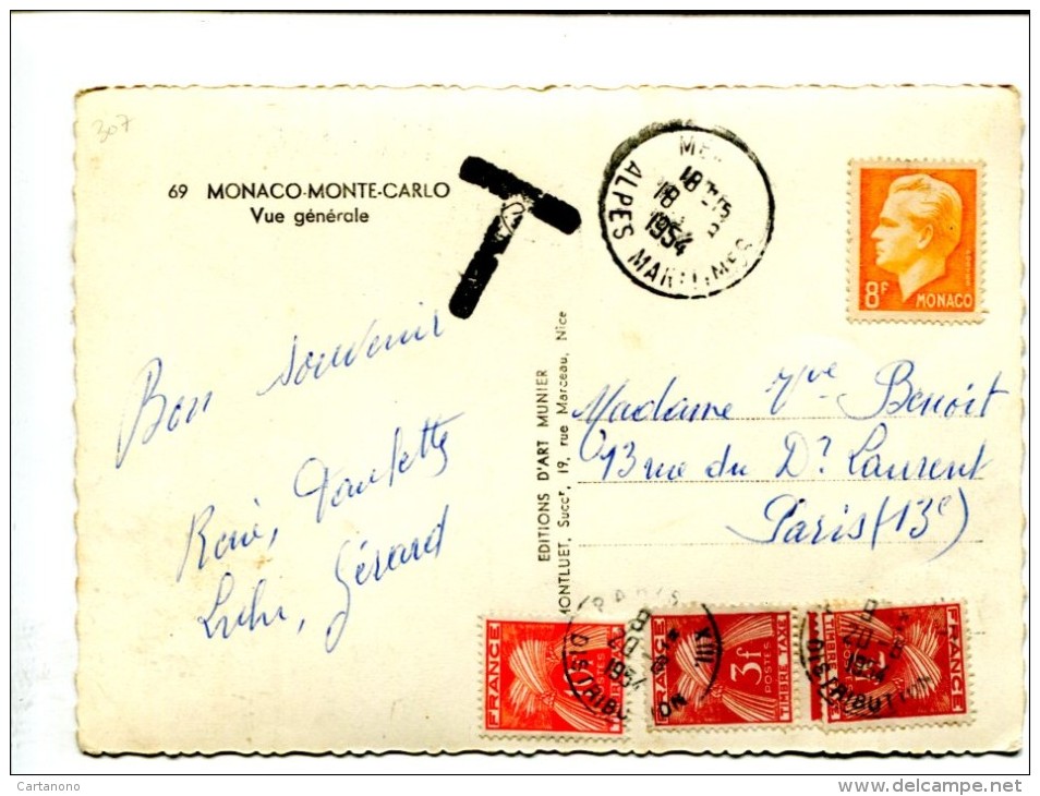 MONACO - 8F Sur Carte Postale + Timbres Taxe 16F Type Gerbe - 1954 - 1859-1959 Lettres & Documents