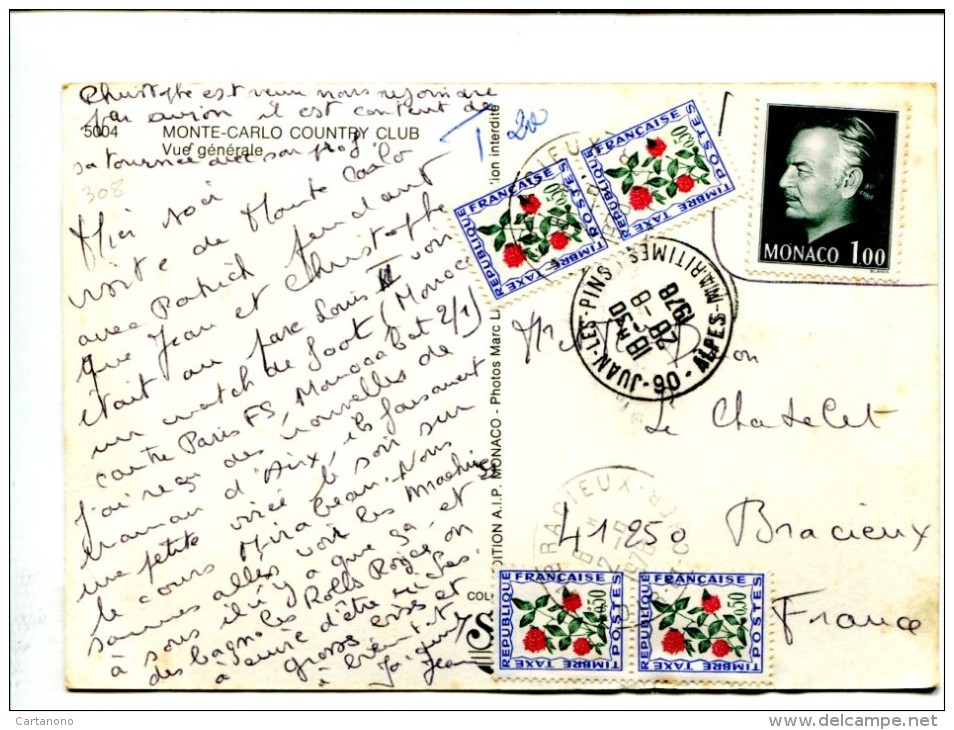 MONACO - 1F Sur Carte Postale + Timbres Taxe 0.50F X 4  Type Fleurs - 1978 - 1859-1959 Lettres & Documents