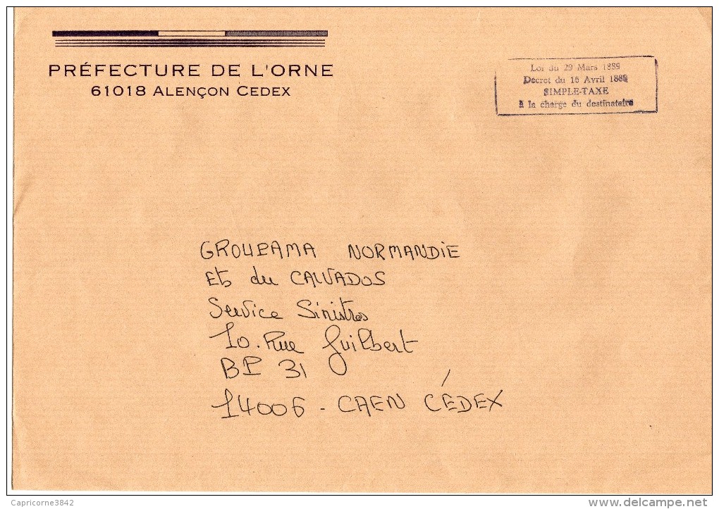 Lettre Taxée-Préfec De L'Orne-rect 52x18 "Loi Du 29 Mars 1889 Décret Du 16 Avril 1889 SIMPLE TAXE à La Charge Du Destina - 1960-.... Brieven & Documenten