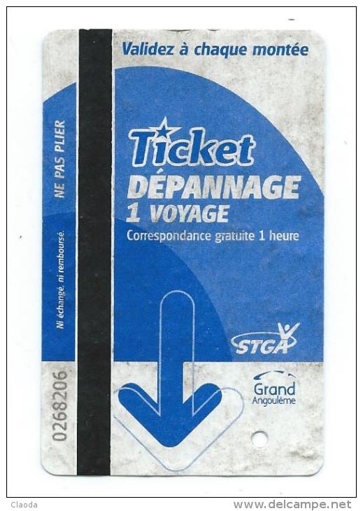 116 T - TICKET TRAM - STGA - GRAND ANGOULEME - Ticket Dépannage (Dans L'état - Voir Scan) - Europa