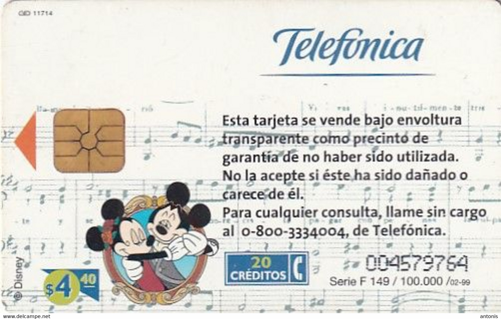 ARGENTINA(chip) - Disney/Mickey Mouse, Telefonica Telecard(F 149), 02/99, Used - Argentinien
