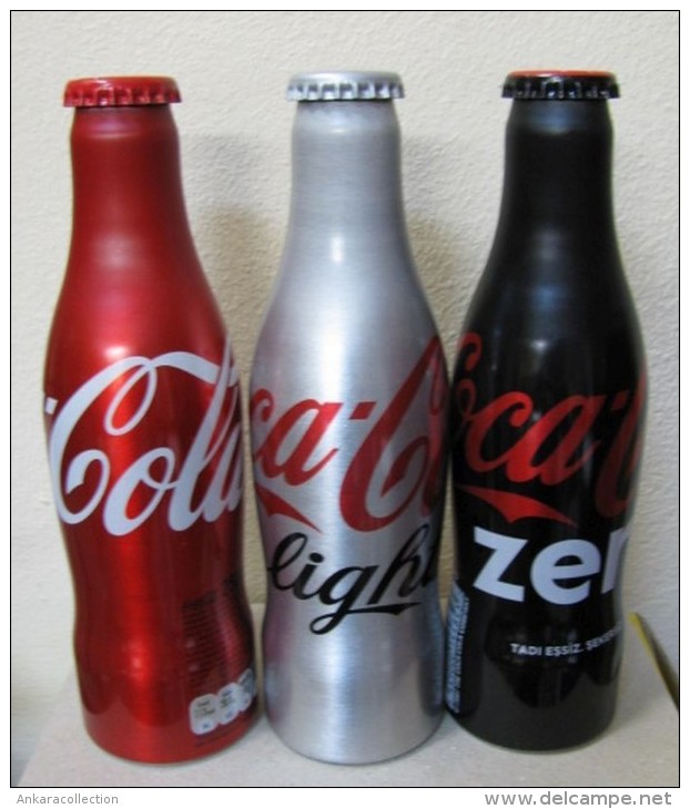 AC - COCA COLA ALUMINUM EMPTY BOTTLES 3 PIECES SET & CROWN CAPS - Bottles