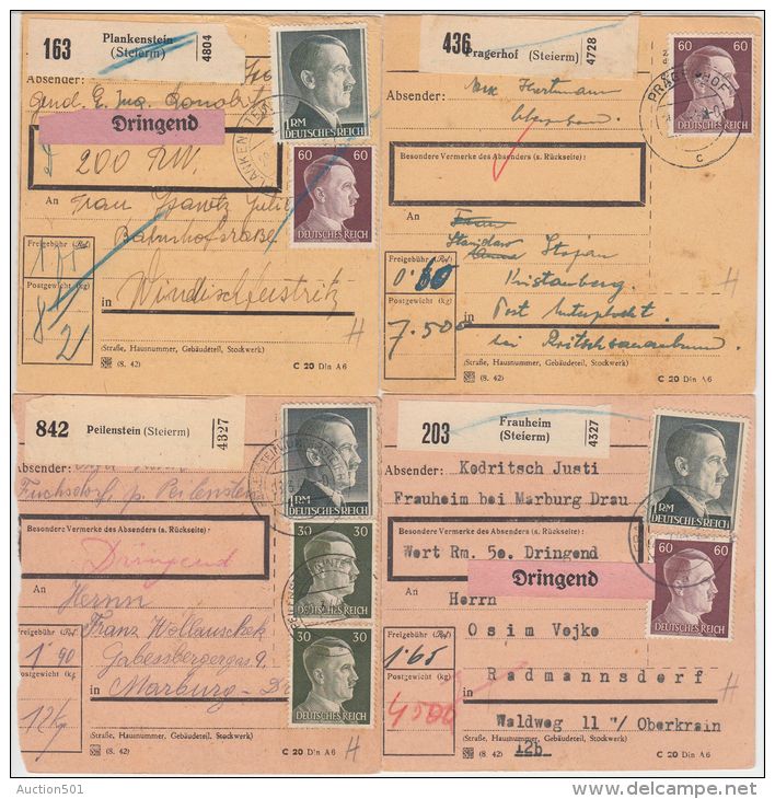 26003  Ostmark, 1942-1944, Steiermark, Lot Paketkarten (7), LICHTENWALD, HAGAU, POLSTRAU, FRAUHEIM, PRAGENHOF - Lettres & Documents