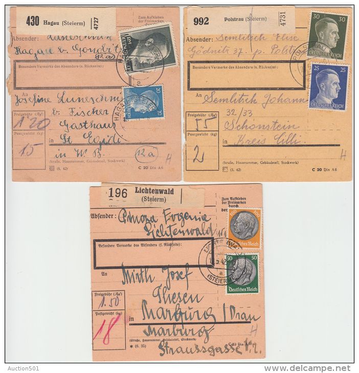 26003  Ostmark, 1942-1944, Steiermark, Lot Paketkarten (7), LICHTENWALD, HAGAU, POLSTRAU, FRAUHEIM, PRAGENHOF - Lettres & Documents