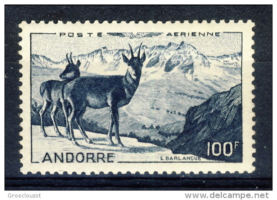 Andorra 1950 Posta Aerea N. 1 Paesaggio Fr. 100 Blu-nero * MLH Catalogo € 62 - Poste Aérienne