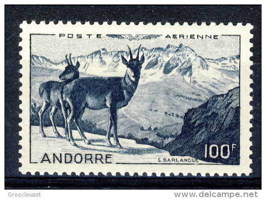 Andorra 1950 Posta Aerea N. 1 Paesaggio Fr. 100 Blu-nero * MLH Catalogo € 62 - Poste Aérienne