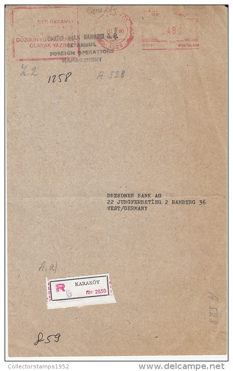 3368FM- AMOUNT 480, COMPANY ADVERTISING, RED MACHINE STAMPS ON REGISTERED COVER FRAGMENT, 1986, TURKEY - Briefe U. Dokumente